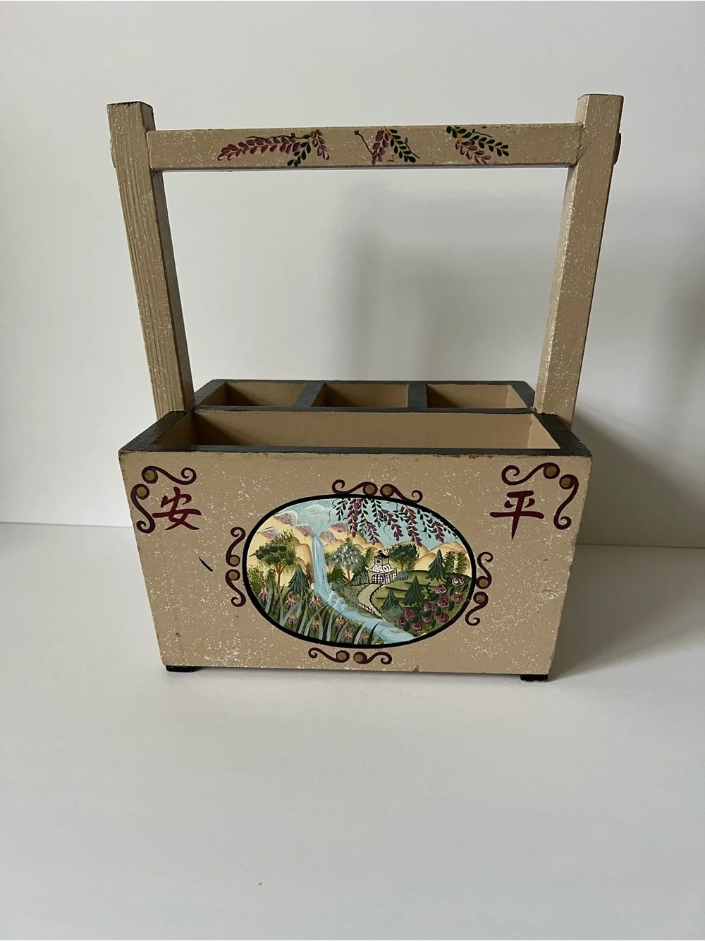 Vintage Wooden Caddy Hand-Painted with Floral Landscape Design Chinese Symbols